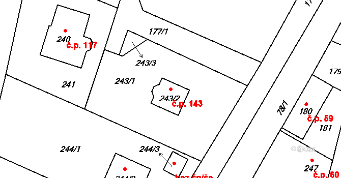 Třeština 143 na parcele st. 243/2 v KÚ Třeština, Katastrální mapa