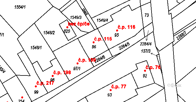 Křižanov 115 na parcele st. 96 v KÚ Křižanov, Katastrální mapa