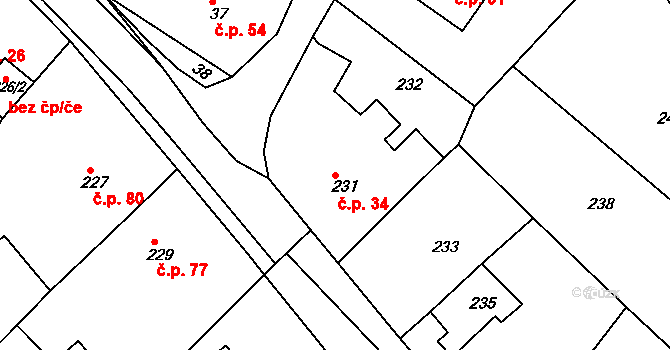 Horní Loučky 34 na parcele st. 231 v KÚ Horní Loučky, Katastrální mapa