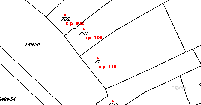 Mouřínov 110 na parcele st. 71 v KÚ Mouřínov, Katastrální mapa