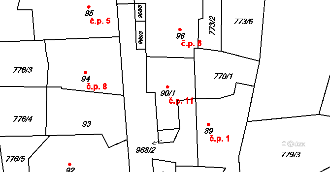 Mokrýšov 11, Prosetín na parcele st. 90/1 v KÚ Prosetín u Hlinska, Katastrální mapa