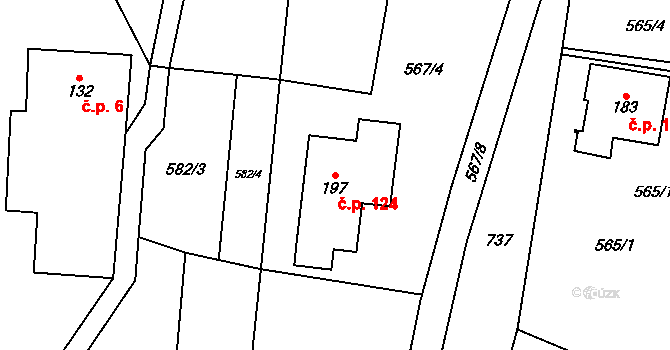 Šanov 124, Červená Voda na parcele st. 197 v KÚ Šanov u Červené Vody, Katastrální mapa