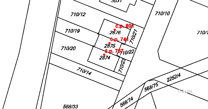Litice 707, Plzeň na parcele st. 2874 v KÚ Litice u Plzně, Katastrální mapa