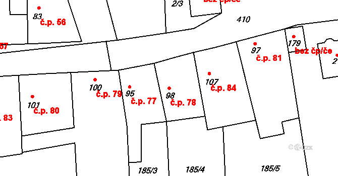 Dolín 78, Slaný na parcele st. 98 v KÚ Dolín, Katastrální mapa