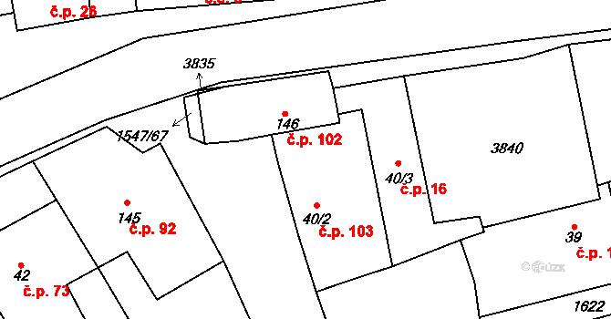 Ledčice 103 na parcele st. 40/2 v KÚ Ledčice, Katastrální mapa