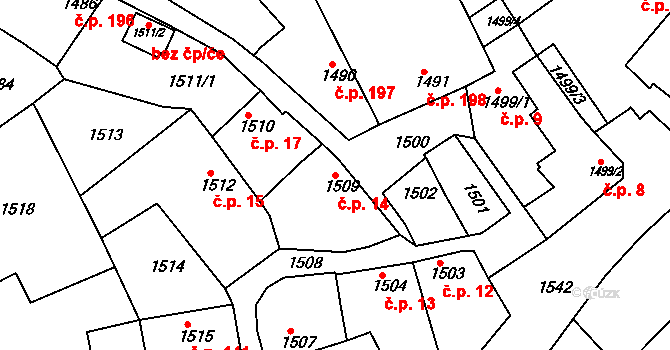 Hrušky 14 na parcele st. 1509 v KÚ Hrušky, Katastrální mapa