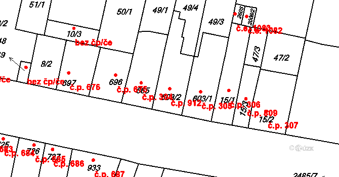 Kyjov 912 na parcele st. 603/2 v KÚ Kyjov, Katastrální mapa
