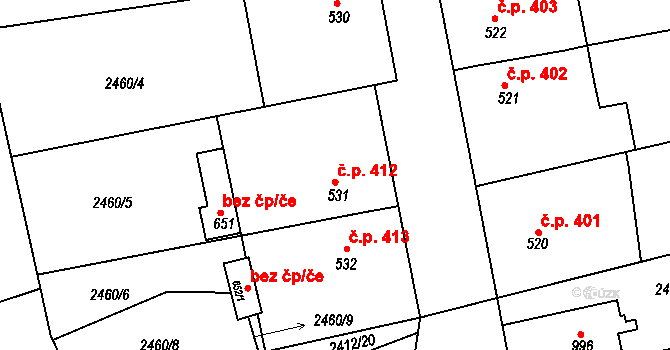 Bor 412 na parcele st. 531 v KÚ Bor u Tachova, Katastrální mapa