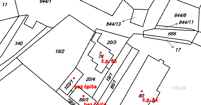 Kořen 63, Olbramov na parcele st. 78 v KÚ Kořen, Katastrální mapa