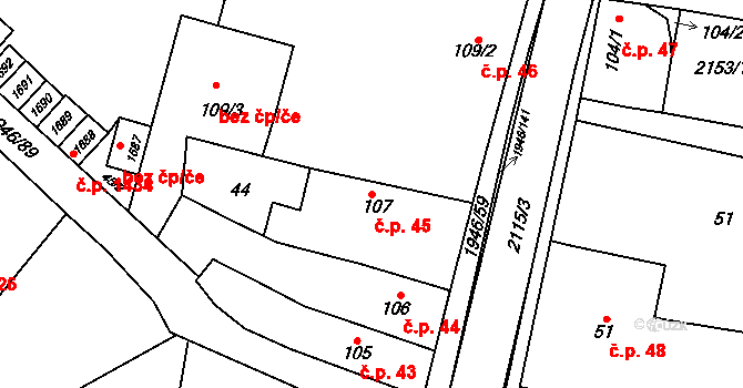 Třebechovice pod Orebem 45 na parcele st. 107 v KÚ Třebechovice pod Orebem, Katastrální mapa