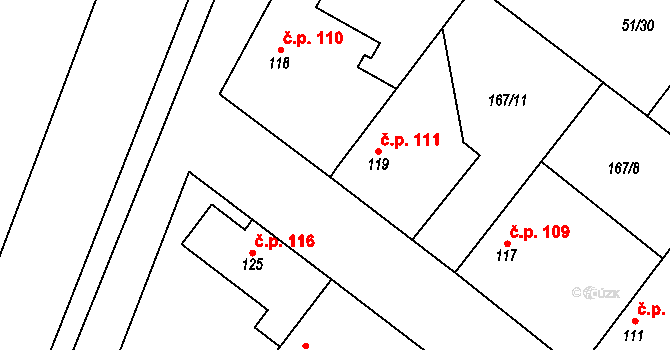 Převýšov 111 na parcele st. 119 v KÚ Převýšov, Katastrální mapa