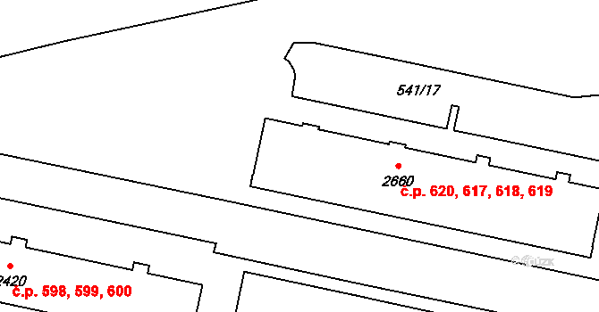 Borovina 617,618,619,620, Třebíč na parcele st. 2660 v KÚ Třebíč, Katastrální mapa