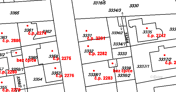 Žižkov 2282, Praha na parcele st. 3332 v KÚ Žižkov, Katastrální mapa