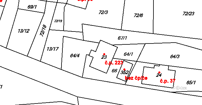Horní Brusnice 223 na parcele st. 23 v KÚ Horní Brusnice, Katastrální mapa
