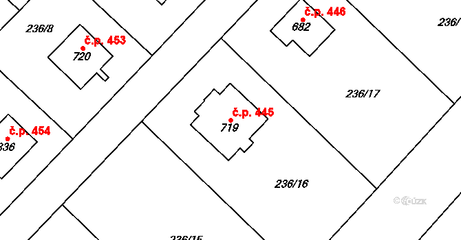 Podhůří 445, Vrchlabí na parcele st. 719 v KÚ Podhůří-Harta, Katastrální mapa