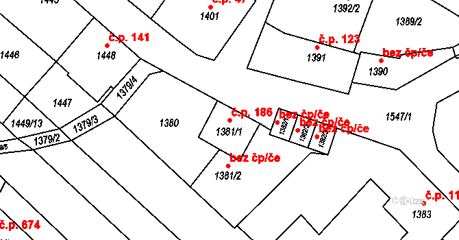 Zbýšov 186 na parcele st. 1381/1 v KÚ Zbýšov u Oslavan, Katastrální mapa