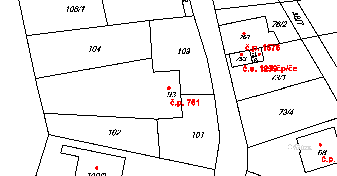 Kuřim 761 na parcele st. 93 v KÚ Kuřim, Katastrální mapa