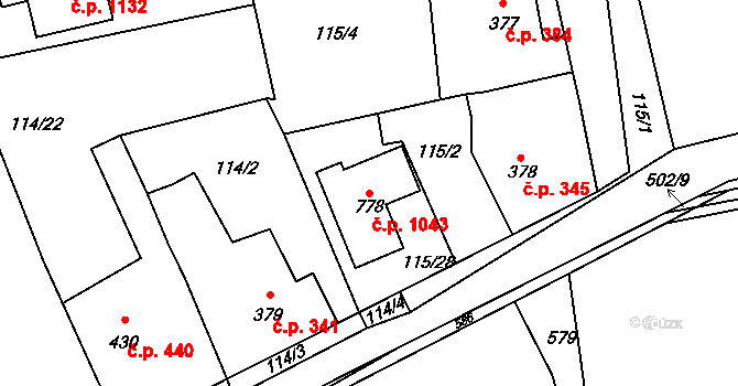 Rudná 1043 na parcele st. 778 v KÚ Dušníky u Rudné, Katastrální mapa