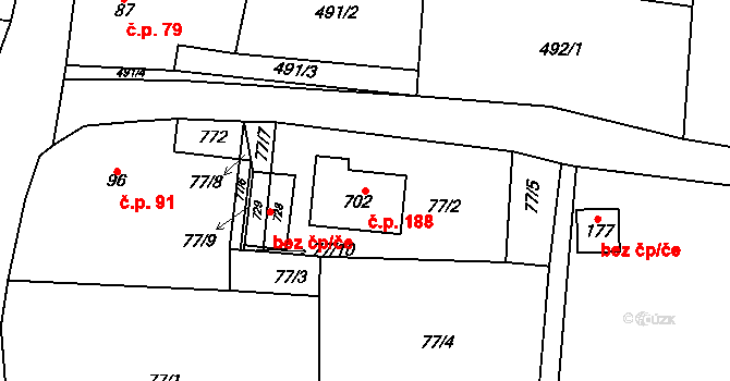 Kytín 188 na parcele st. 702 v KÚ Kytín, Katastrální mapa