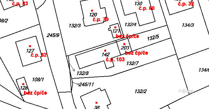 Dolní Skrýchov 103, Jindřichův Hradec na parcele st. 142 v KÚ Dolní Skrýchov, Katastrální mapa