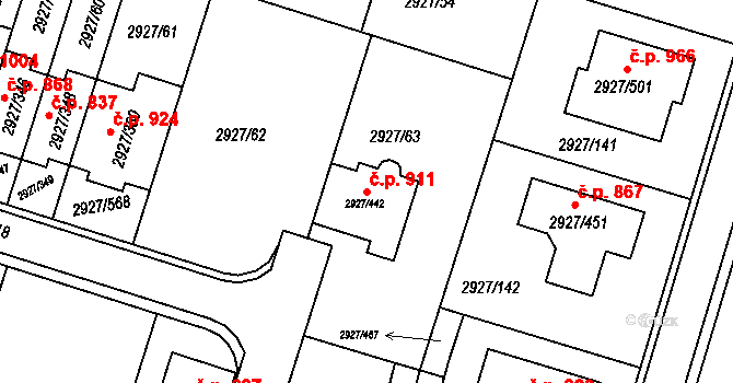 Žebětín 911, Brno na parcele st. 2927/442 v KÚ Žebětín, Katastrální mapa
