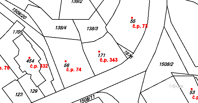 Rosice 343 na parcele st. 171 v KÚ Rosice u Chrasti, Katastrální mapa