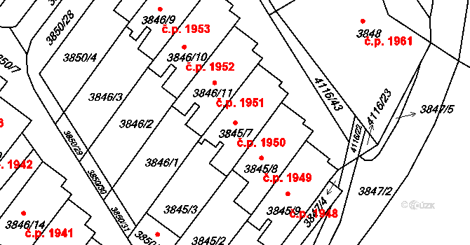 Předměstí 1950, Litoměřice na parcele st. 3845/7 v KÚ Litoměřice, Katastrální mapa