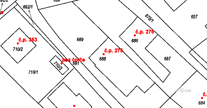 Fryšták 275 na parcele st. 688/1 v KÚ Fryšták, Katastrální mapa