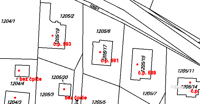 Hať 591 na parcele st. 1205/17 v KÚ Hať, Katastrální mapa