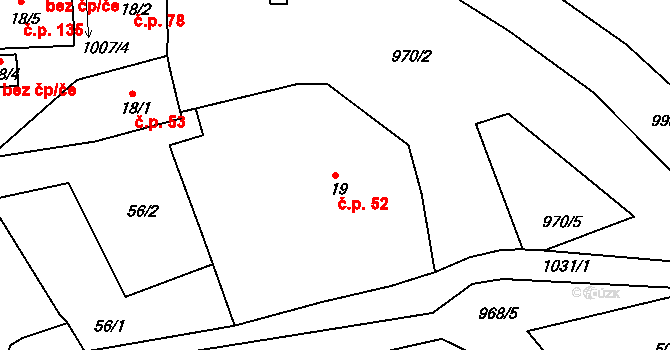Lužice 52 na parcele st. 19 v KÚ Lužice u Mostu, Katastrální mapa