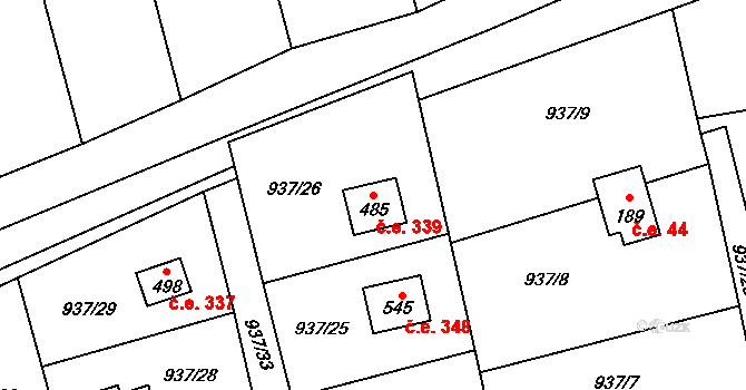 Vlkančice 339 na parcele st. 485 v KÚ Vlkančice, Katastrální mapa