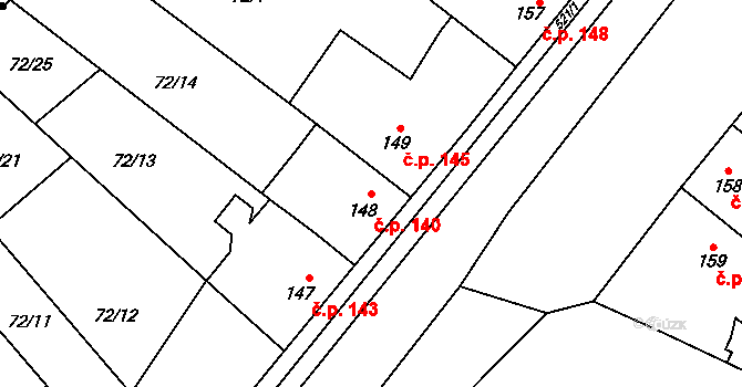 Minice 140, Kralupy nad Vltavou na parcele st. 148 v KÚ Minice u Kralup nad Vltavou, Katastrální mapa