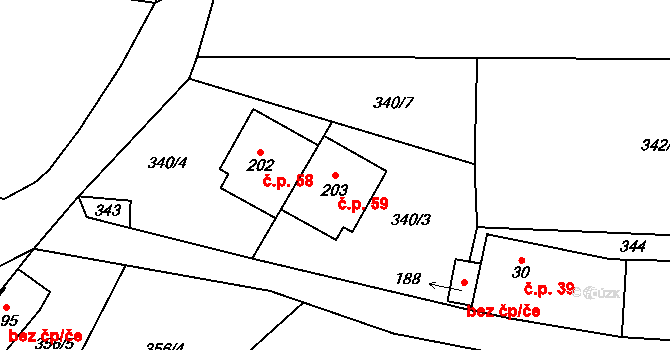 Boubská 59, Vimperk na parcele st. 203 v KÚ Boubská, Katastrální mapa