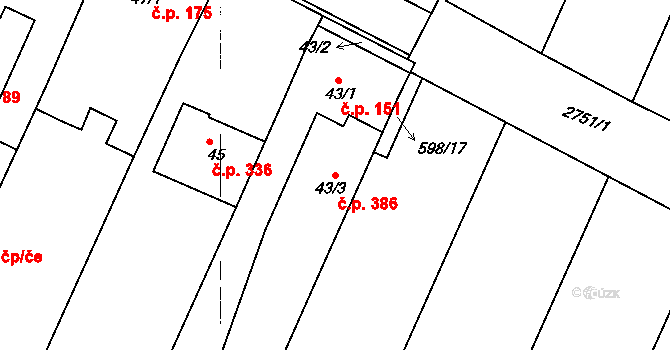 Moutnice 386 na parcele st. 43/3 v KÚ Moutnice, Katastrální mapa