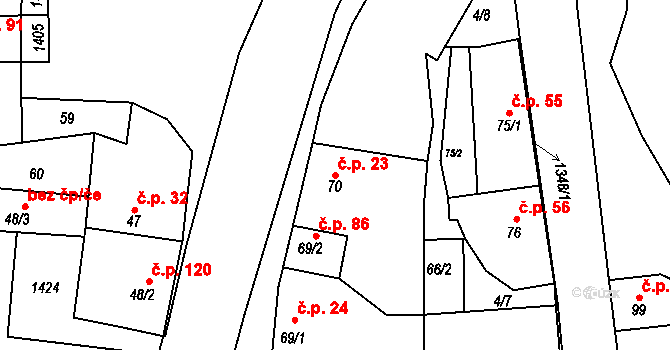 Radonice nad Ohří 23, Peruc na parcele st. 70 v KÚ Radonice nad Ohří, Katastrální mapa