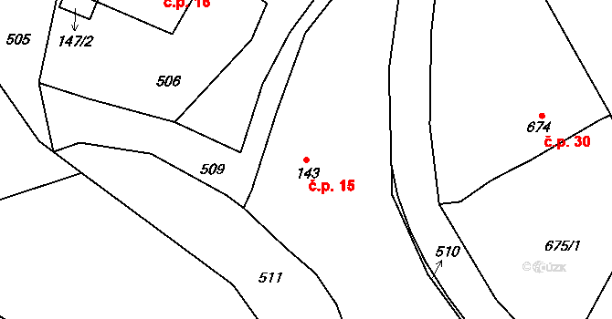 Horní Zálezly 15, Malečov na parcele st. 143 v KÚ Horní Zálezly, Katastrální mapa