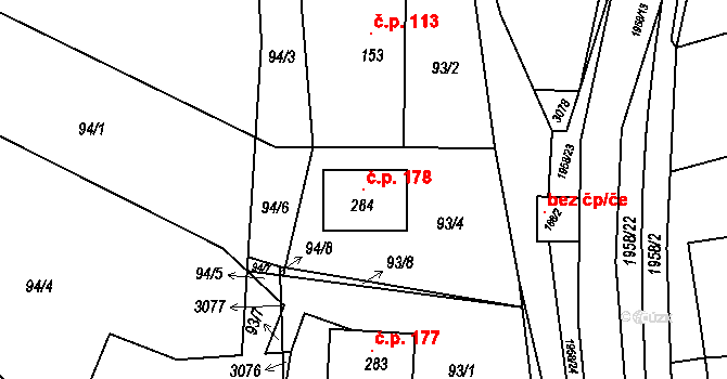 Milenov 178 na parcele st. 284 v KÚ Milenov, Katastrální mapa