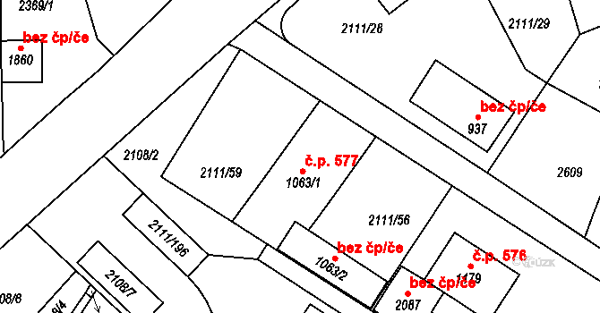 Polná 577 na parcele st. 1063/1 v KÚ Polná, Katastrální mapa