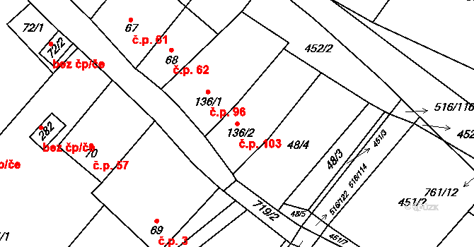 Ježkovice 103 na parcele st. 136/2 v KÚ Ježkovice na Moravě, Katastrální mapa