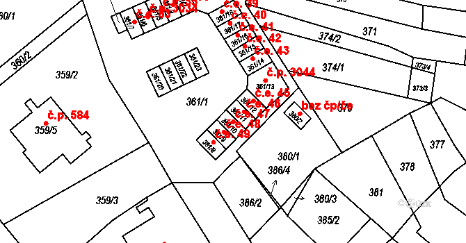 Vyškov-Předměstí 47, Vyškov na parcele st. 361/10 v KÚ Vyškov, Katastrální mapa