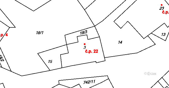 Mostečný 22, Pluhův Žďár na parcele st. 3 v KÚ Mostečný, Katastrální mapa