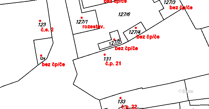 Břežany 21 na parcele st. 131 v KÚ Břežany u Rakovníka, Katastrální mapa