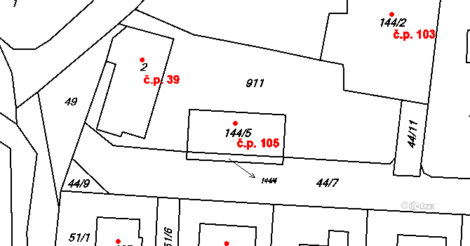 Libošovice 105 na parcele st. 144/5 v KÚ Libošovice, Katastrální mapa