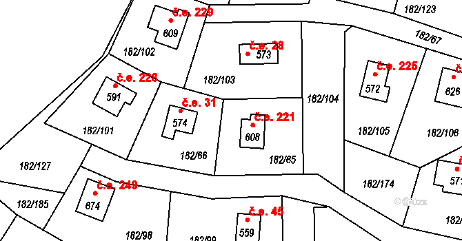Chocerady 221 na parcele st. 608 v KÚ Chocerady, Katastrální mapa