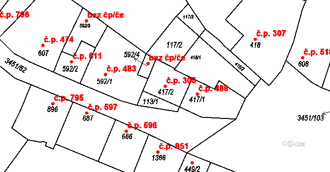 Lysá nad Labem 305 na parcele st. 417/2 v KÚ Lysá nad Labem, Katastrální mapa