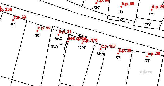 Mohelno 170 na parcele st. 181/2 v KÚ Mohelno, Katastrální mapa