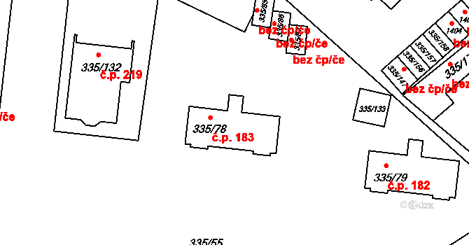 Myslibořice 183 na parcele st. 335/78 v KÚ Myslibořice, Katastrální mapa