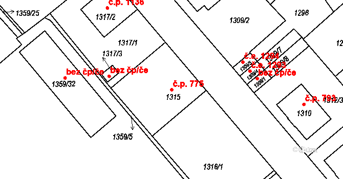 Pelhřimov 775 na parcele st. 1315 v KÚ Pelhřimov, Katastrální mapa