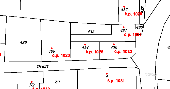 Dubeč 1025, Praha na parcele st. 434 v KÚ Dubeč, Katastrální mapa