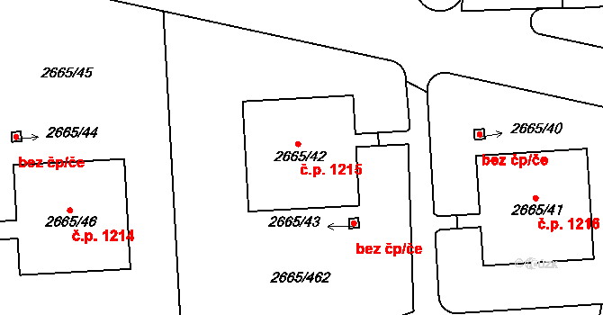 Kyje 1215, Praha na parcele st. 2665/42 v KÚ Kyje, Katastrální mapa
